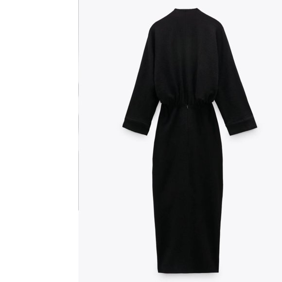 ZARA LIMITED EDITION WOOL BLACK LOW V NECK DRAPED MIDI DRESS - Picture 10 of 12